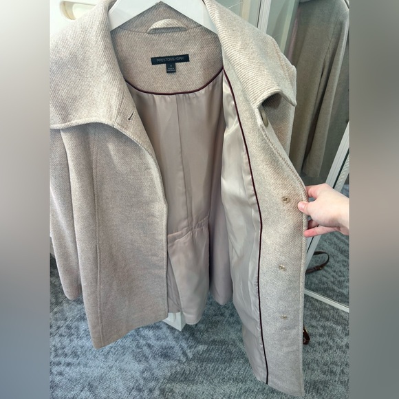 Oatmeal Beige Wool Blend Tailored Trench Dress Coat Formal Collared Jacket✨ - Picture 3 of 6